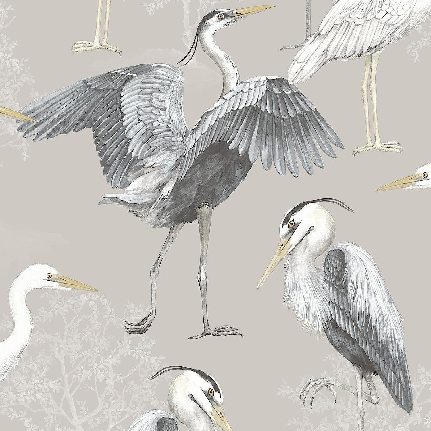 RASCH (U.K) Limited Dimension Heron Wallpaper - Modern Wallpaper for Living Room, Bedroom, Fireplace - Decorative Luxury Nature Wall Paper with Hand-Drawn Herons & Trees (White/Grey/Beige)