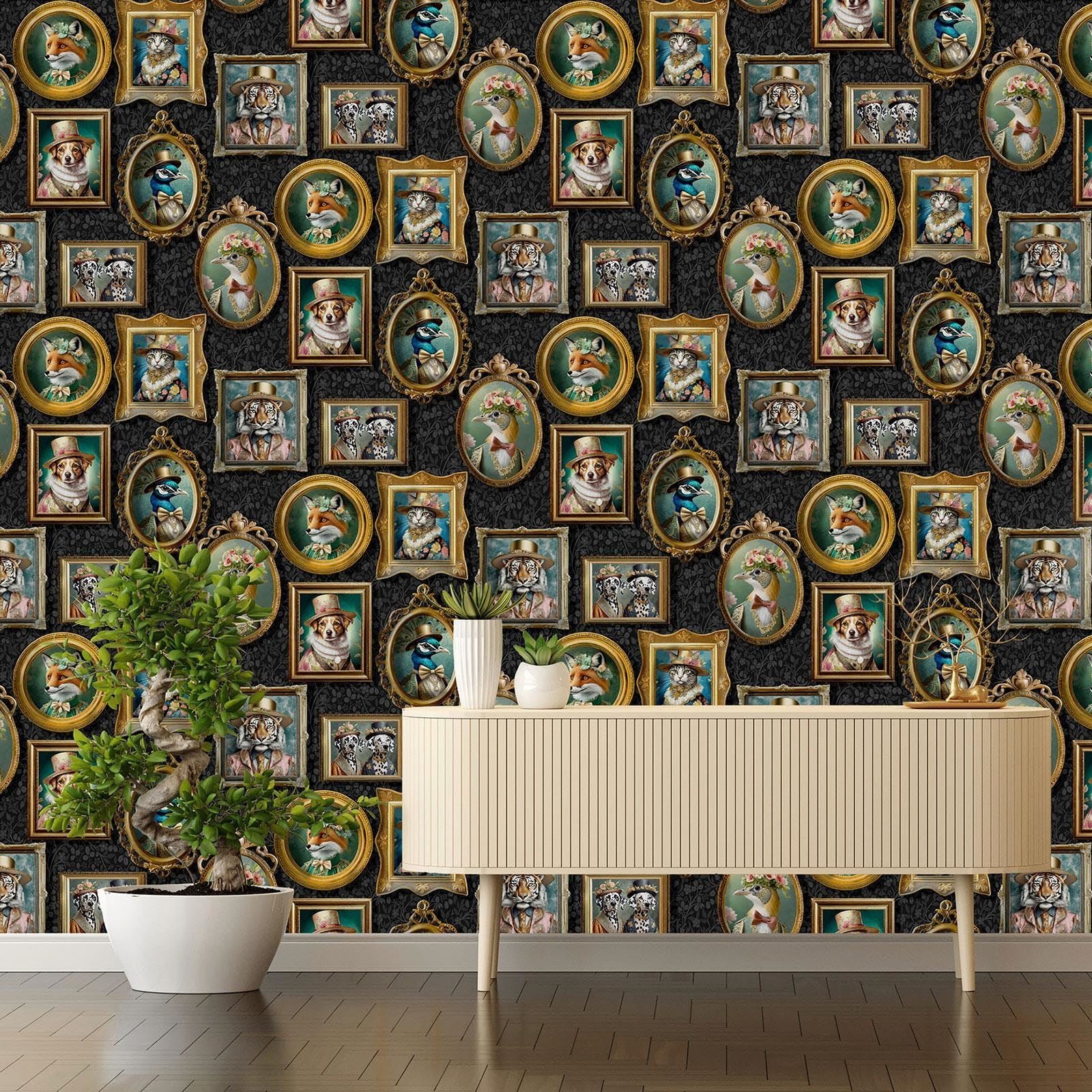 Regal Beasts Animal Prints in Picture Frames in Victorian Style Costumes Wallpaper Perfect for Feature Walls, Bedrooms, Contemporary Modern Walldecoration Charcoal Holden 13790