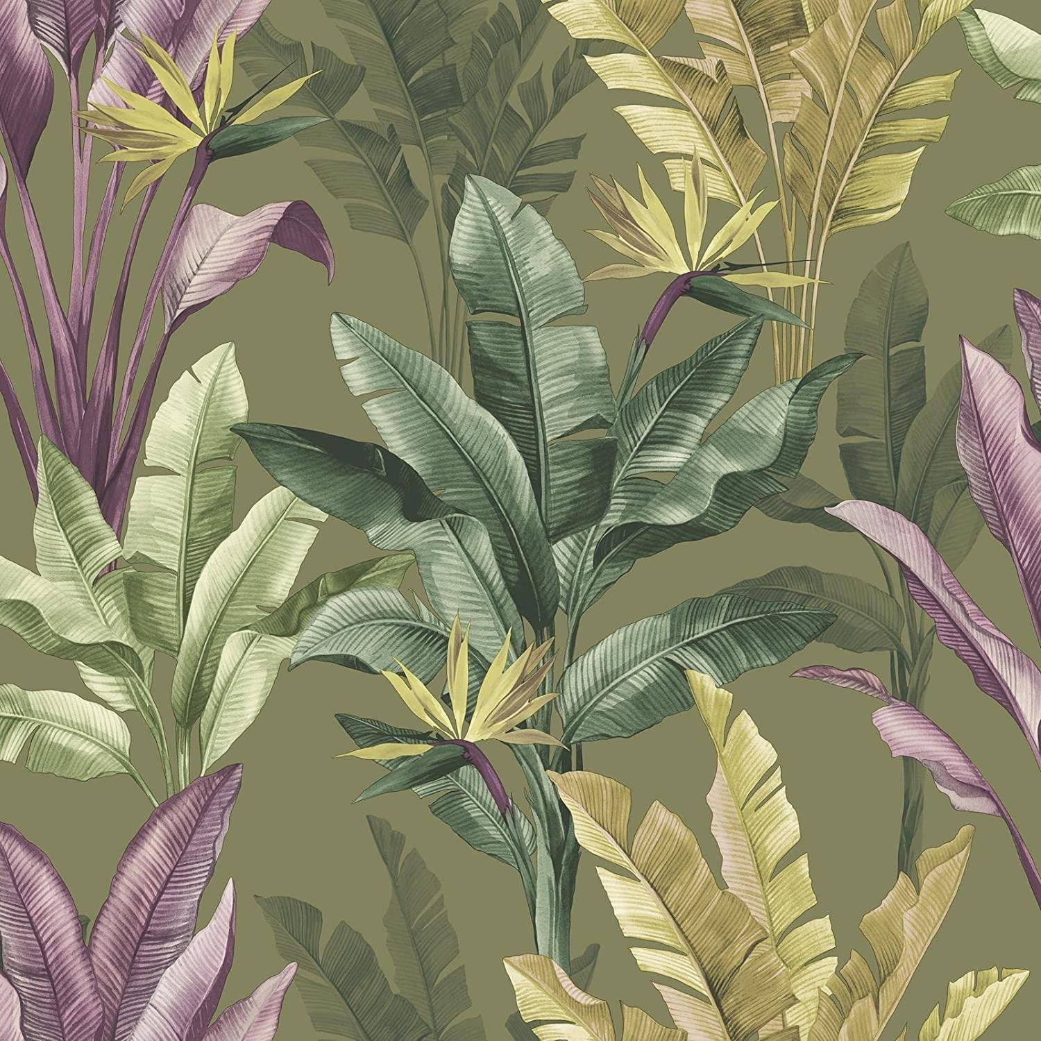 Rasch Akari Madagascar Leaf Olive Green/Purple Wallpaper 282886 - All Rooms
