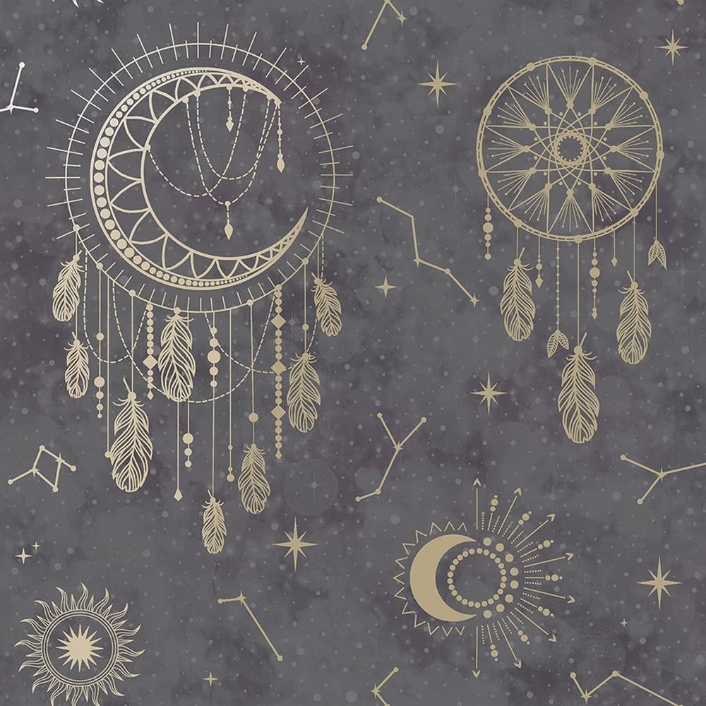 Holden Decor Dreamcatcher Wallpaper - Modern Wallpaper for Bedroom, Nursery & Children’s Playroom - Decorative Luxury Wall Paper with Dreamcatchers, Suns, Stars, Moons & Star Signs (Black & Gold)