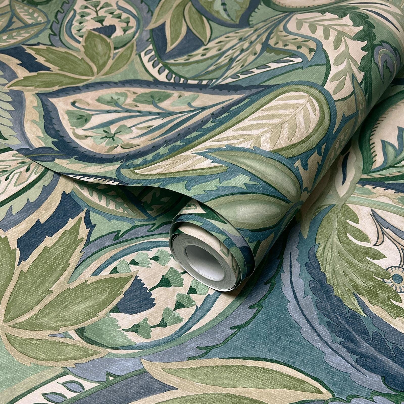 Holden Paisley Leaves Wallpaper - Modern Wallpaper for Living Room, Bedroom, Fireplace - Decorative Luxury Wall Paper with Soft Sweeping Leaves & Paisley-Style Pattern (Green & Blue)