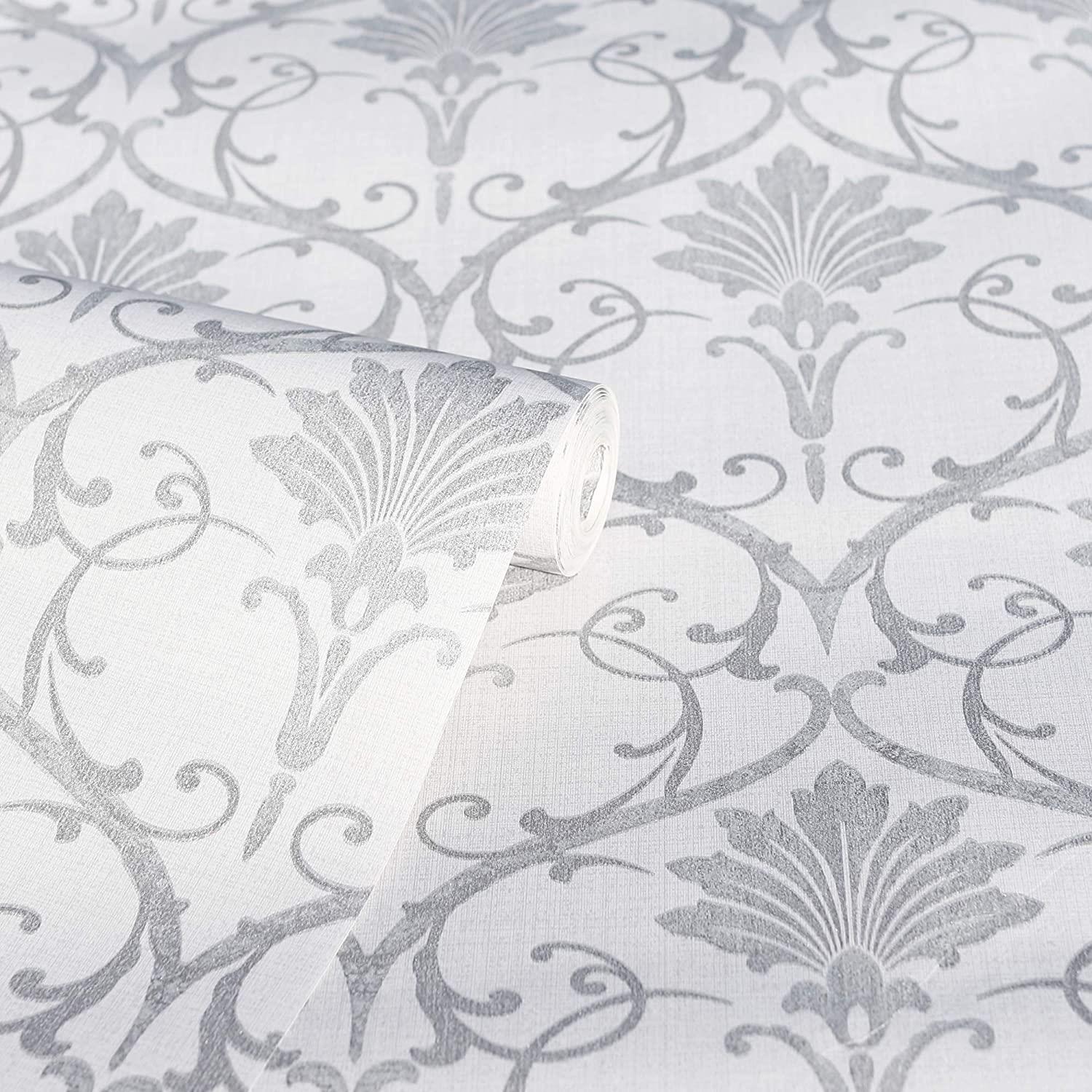 Arthouse ArtiSTICK Divine Damask Grey Peel and Stick Self Adhesive Wallpaper 6m Long - Great for Upcycling Furniture - Cabinets Kitchen Drawers Shelves - Peel & Stick 300217, Single Roll