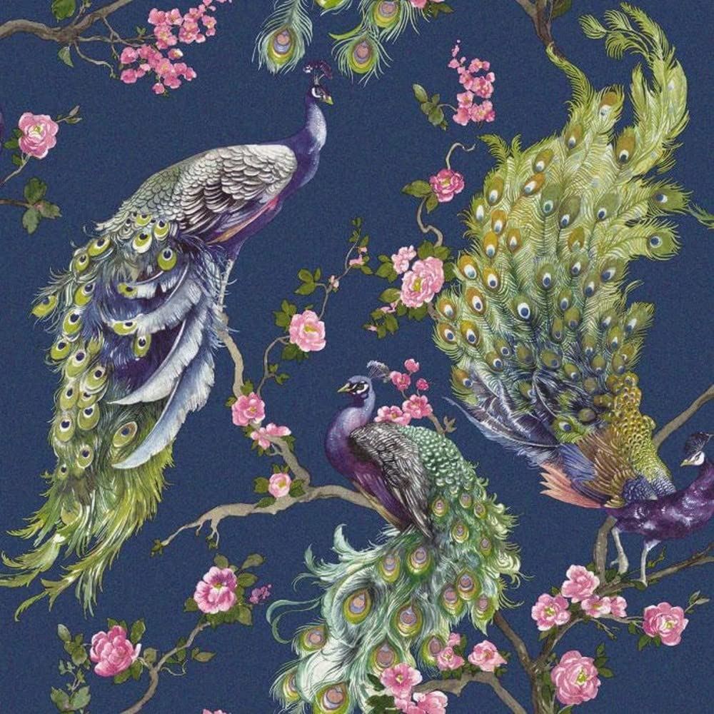 Holden Decor Menali Navy Wallpaper 35922 - Vinyl Glitter Peacock Feather Floral
