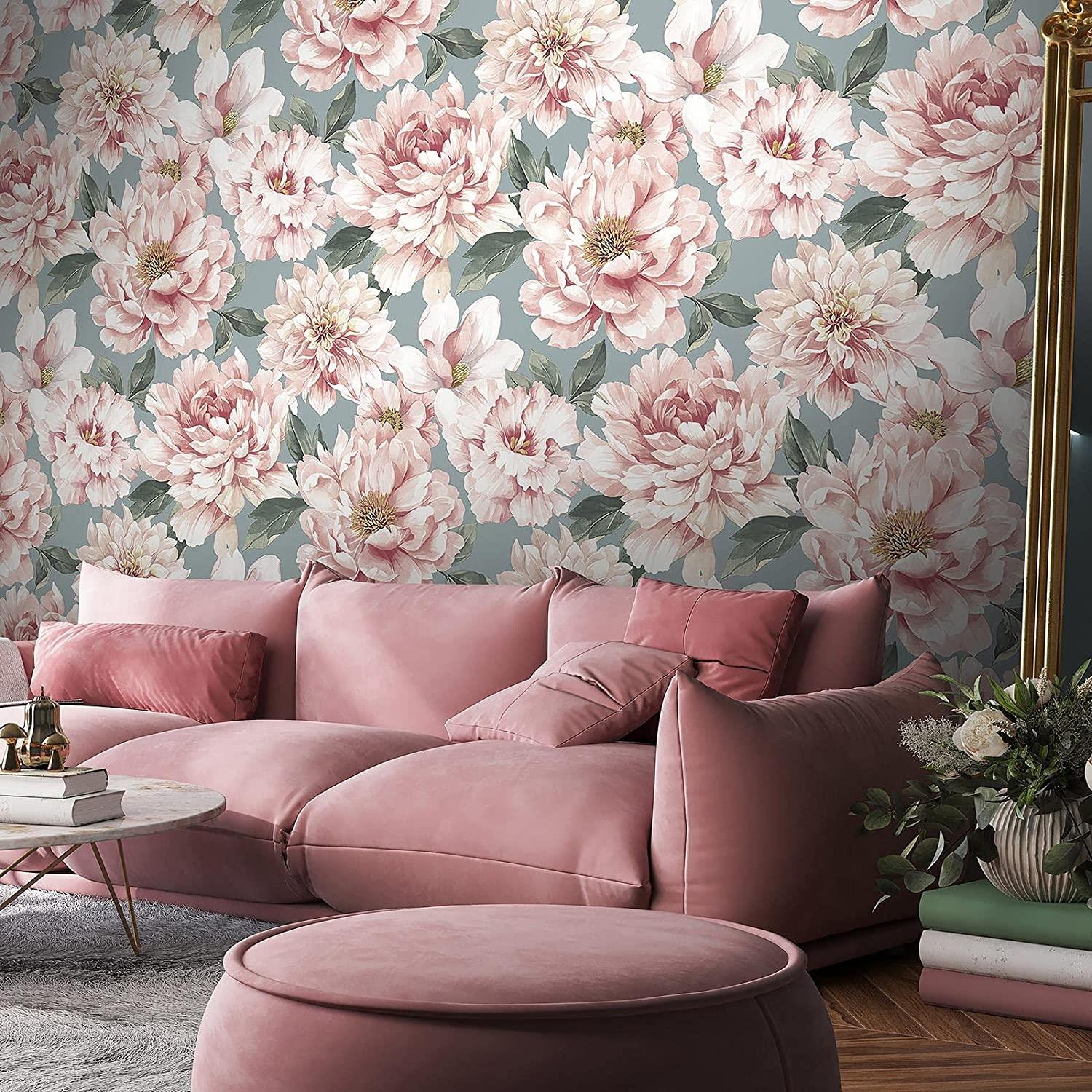 RASCH (U.K) Limited Dimension Large Floral Wallpaper - Modern Wallpaper for Living Room, Bedroom, Fireplace - Decorative Luxury Nature Wall Paper with Delicately Illustrated Flowers (Pink/Musky Blue)