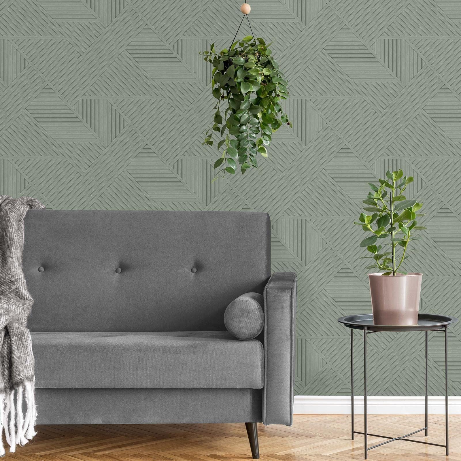 Wood Effect Geometric Wallpaper Sage Green Holden 13200