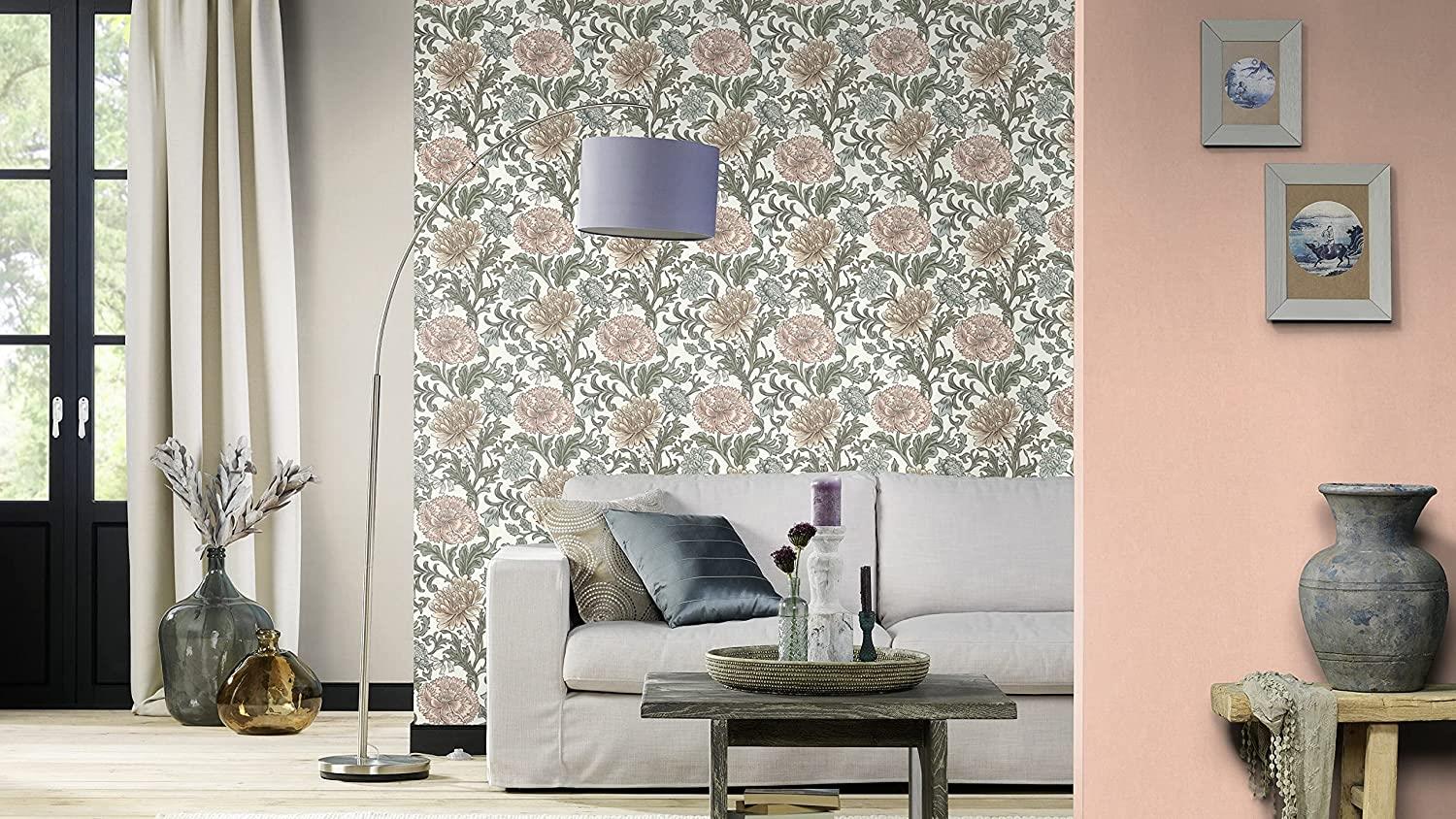 Rasch Wallpaper 553130 - Colourful Non-Woven Wallpaper from The Salisbury Collection with Flower Motif in Various Colours on White Background with Slightly Structure - 10.05 m x 53 cm (L x W)