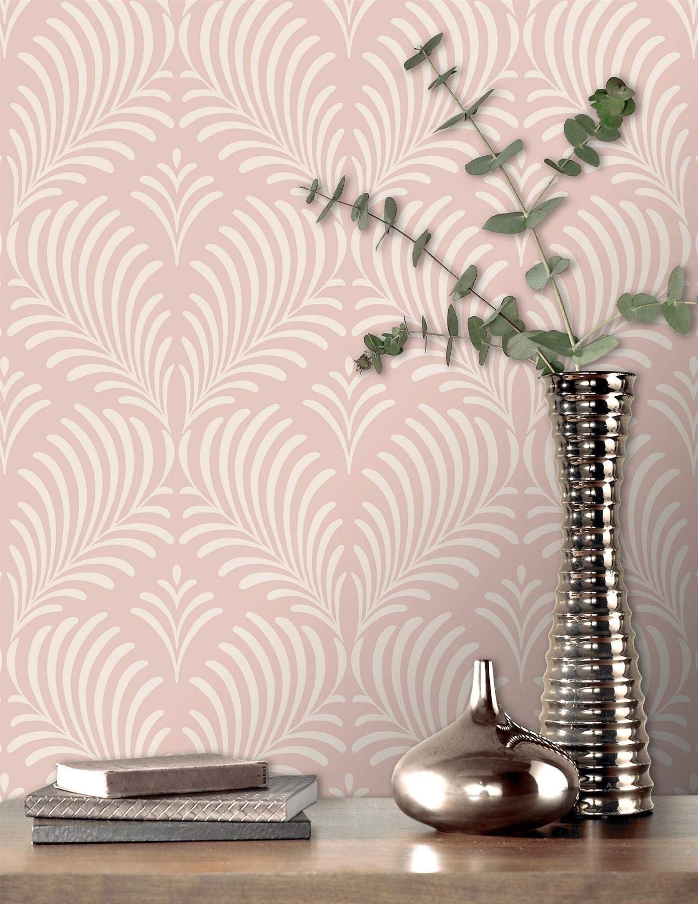 Rasch Paloma Feather Leaf Trail Pink Glitter Motif Luxury Embossed Metallic Wallpaper Paste The Wall Vinyl - All Rooms