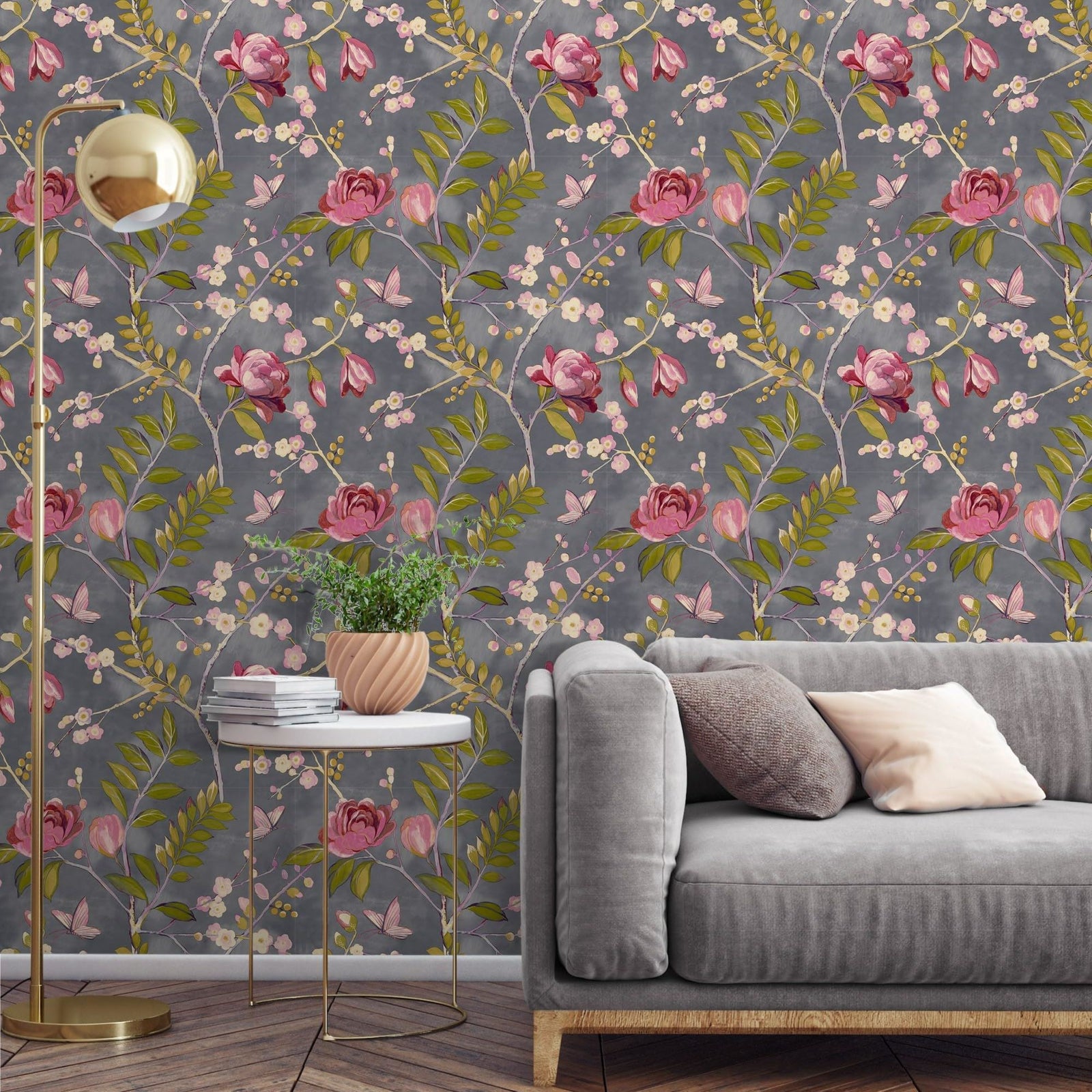 Grandeco Lola Painted Floral Trail Smooth Wallpaper, Charcoal Pink