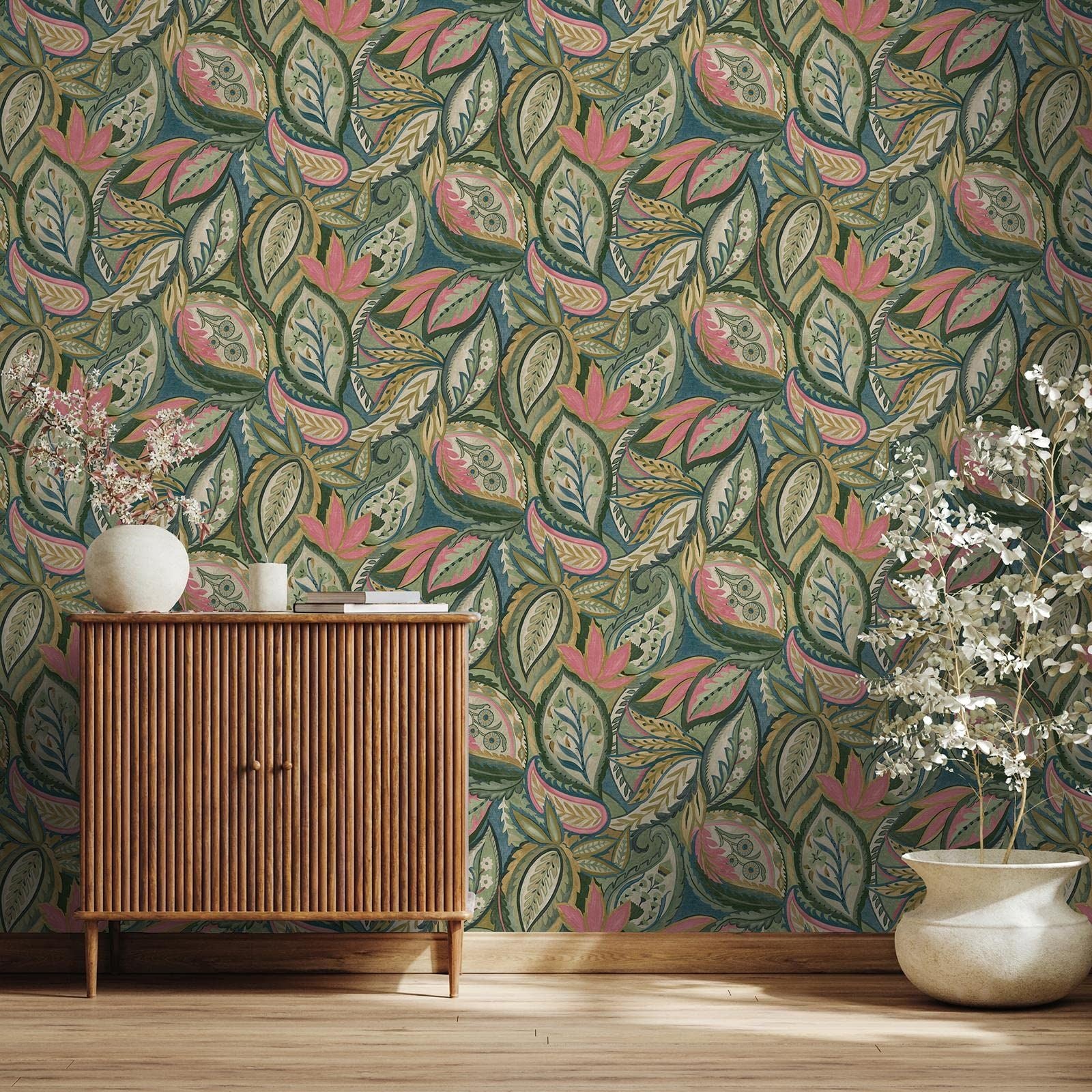 Holden Paisley Leaves Wallpaper - Modern Wallpaper for Living Room, Bedroom, Fireplace - Decorative Luxury Wall Paper with Soft Sweeping Leaves & Paisley-Style Pattern (Green, Pink, Yellow & Blue)