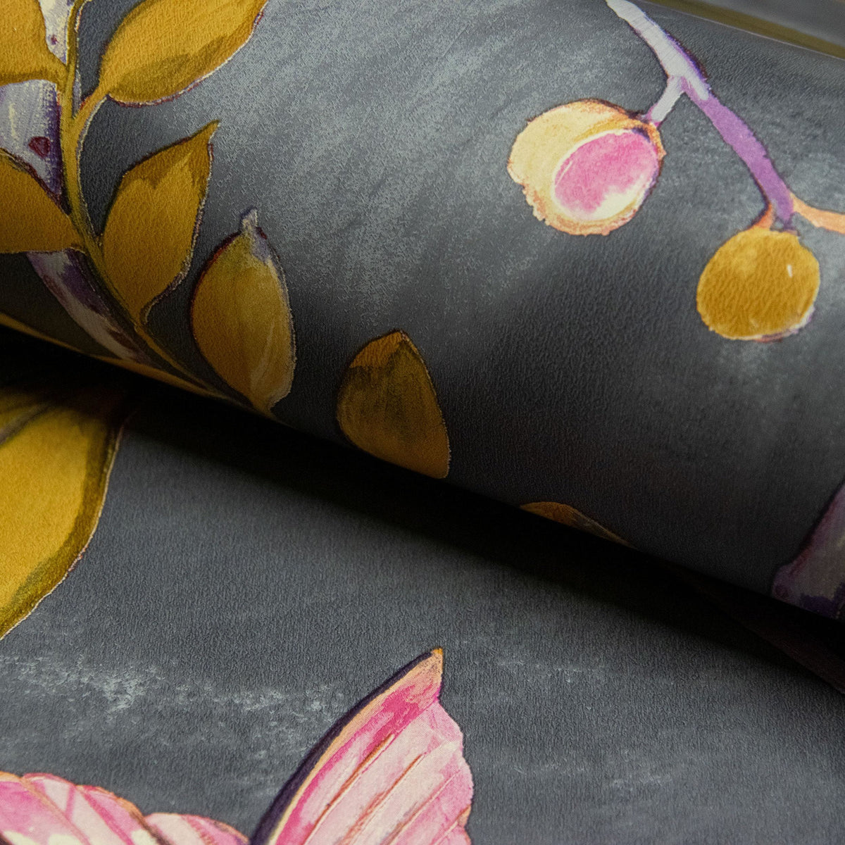 Grandeco Lola Painted Floral Trail Smooth Wallpaper, Charcoal Pink