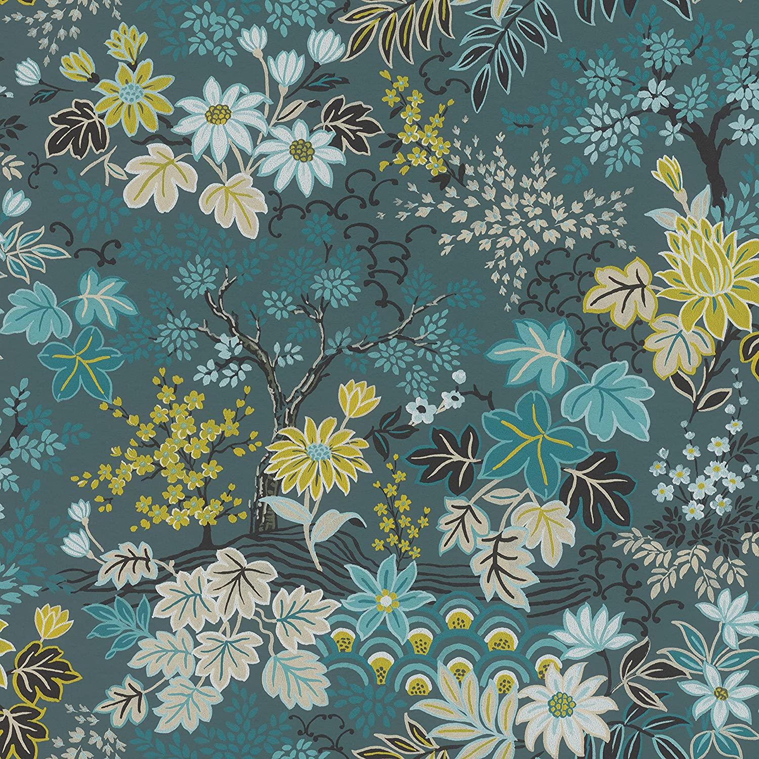 Rasch Wallpaper 553352 - Colourful Non-Woven Wallpaper from The Salisbury Collection with Different Coloured Leaves on Dark Blue Background with Slight Structure - 10.05 m x 53 cm (L x W)