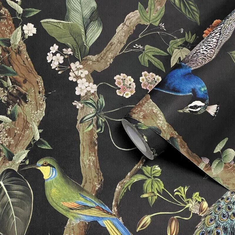 Holden Decor Peacock Woods Charcoal Wallpaper 13681 - Naturistic Feature Wall