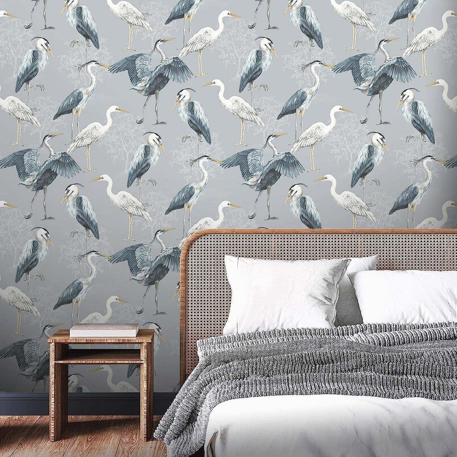 RASCH (U.K) Limited Dimension Heron Wallpaper - Modern Wallpaper for Living Room, Bedroom, Fireplace - Decorative Luxury Nature Wall Paper with Hand-Drawn Herons & Trees (White/Grey/Blue)