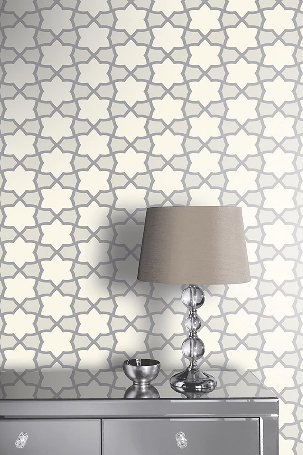 Arthouse Rio Silver Metallic Finish Wallpaper - Interlocking Star Lattice Motif - Enhanced with Raised Glitter - 690701