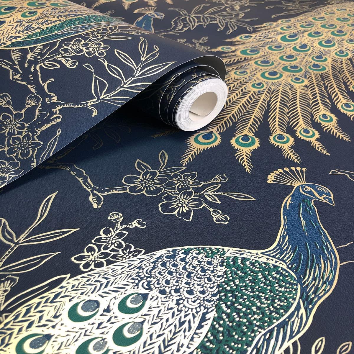 Rasch Portfolio Peacock Wallpaper Navy Blue Gold Metallic Exotic Bird Feathers Lusury Feature Wall 10m Roll 215700