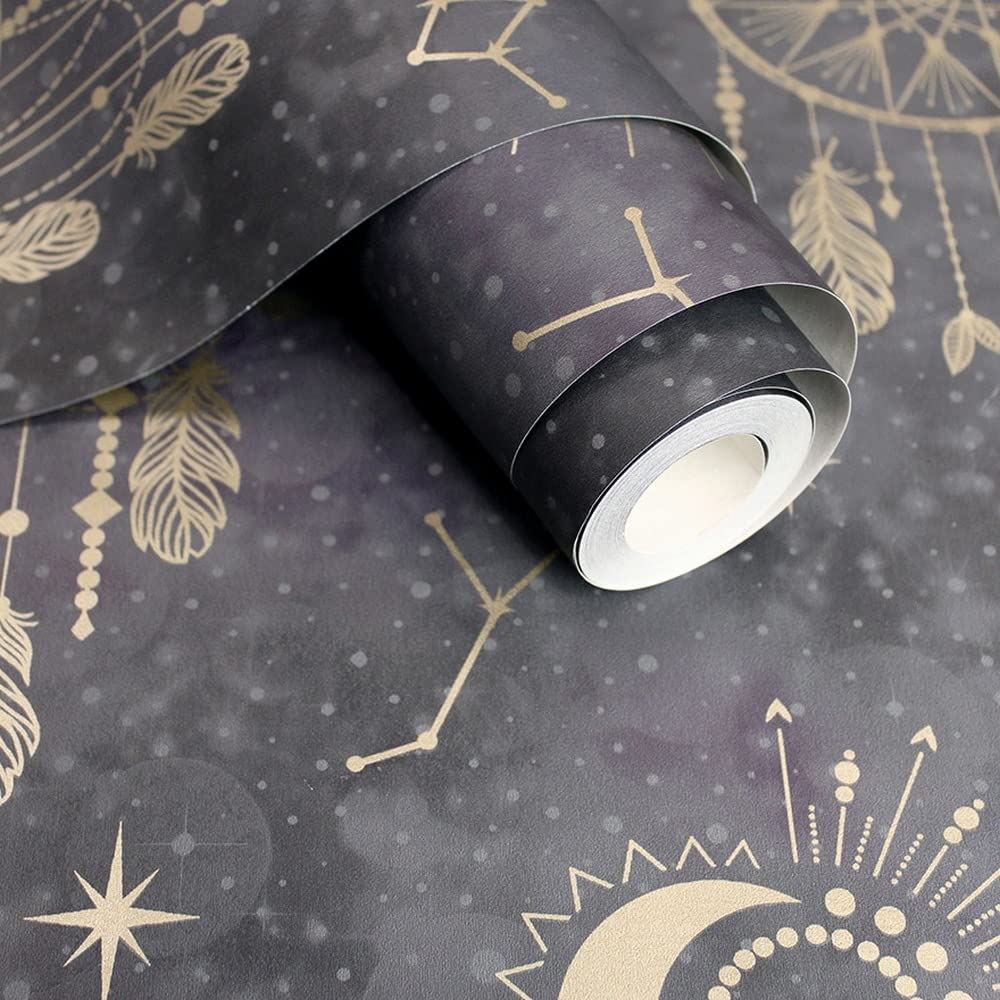 Holden Decor Dreamcatcher Wallpaper - Modern Wallpaper for Bedroom, Nursery & Children’s Playroom - Decorative Luxury Wall Paper with Dreamcatchers, Suns, Stars, Moons & Star Signs (Black & Gold)