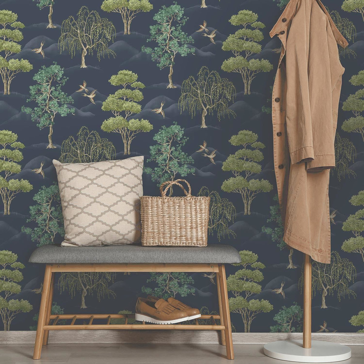 Rasch Maya Willow Woodland Trees Birds Navy Wallpaper - Green Naturistic Floral - Modern Contemporary Feature Wall