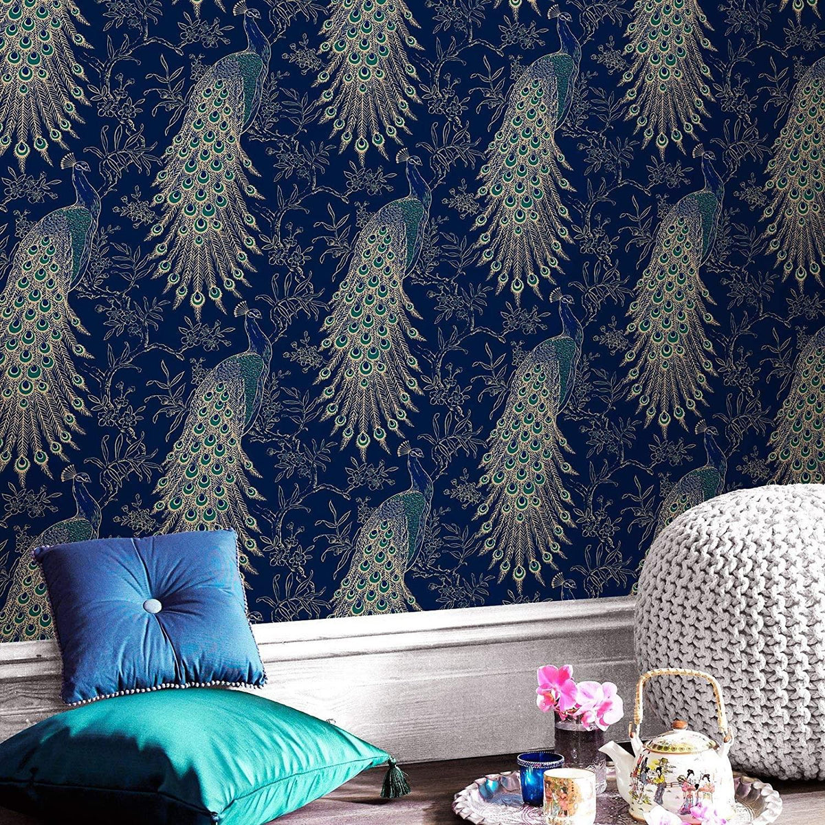 Rasch Portfolio Peacock Wallpaper Navy Blue Gold Metallic Exotic Bird Feathers Lusury Feature Wall 10m Roll 215700