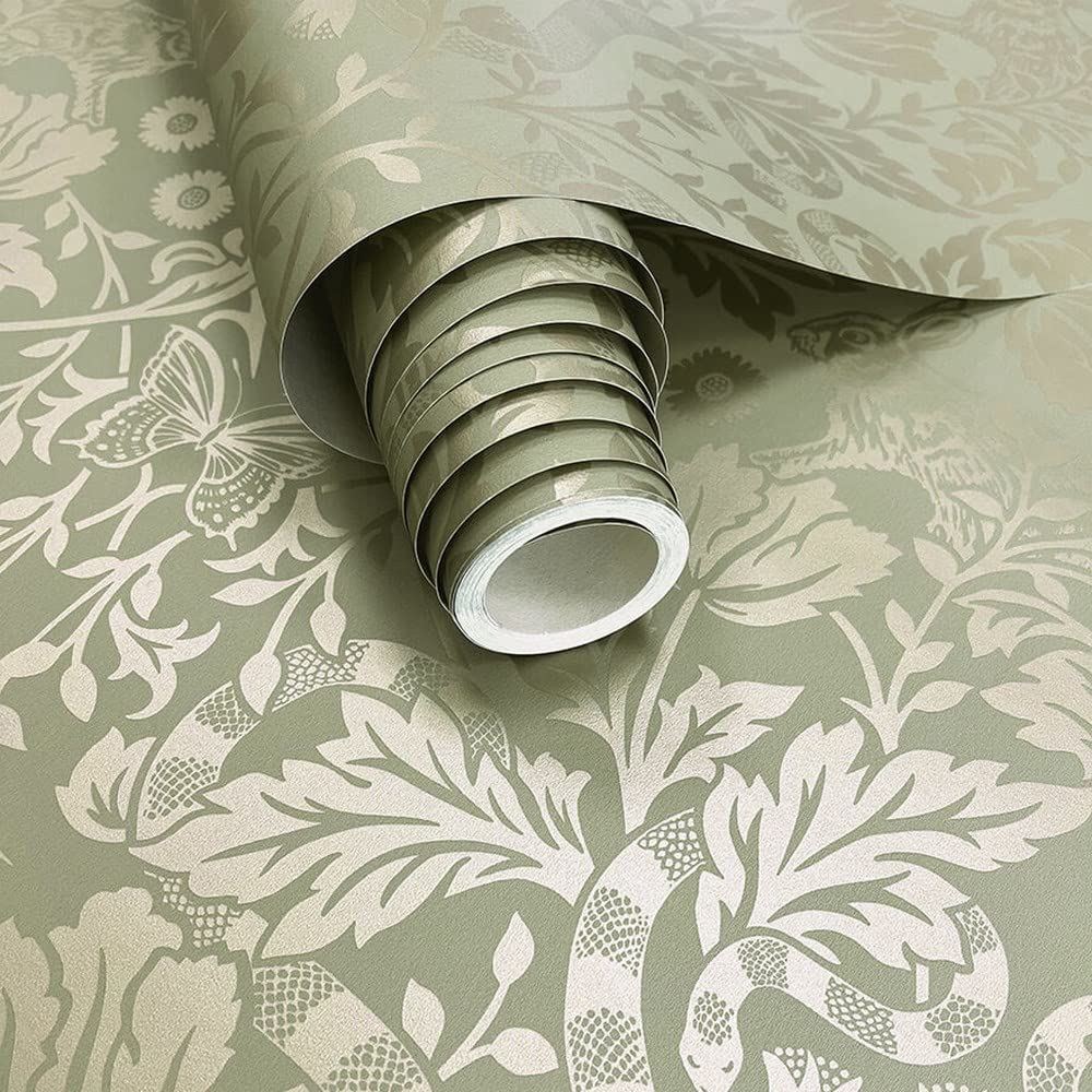Glistening Mirrored Floral Wallpaper - Modern Metallic Wallpaper for Living Room, Bedroom, Fireplace - Decorative Luxury Floral Wall Paper with Rabbits, Butterflies, Snakes & Birds (Green/Gold)