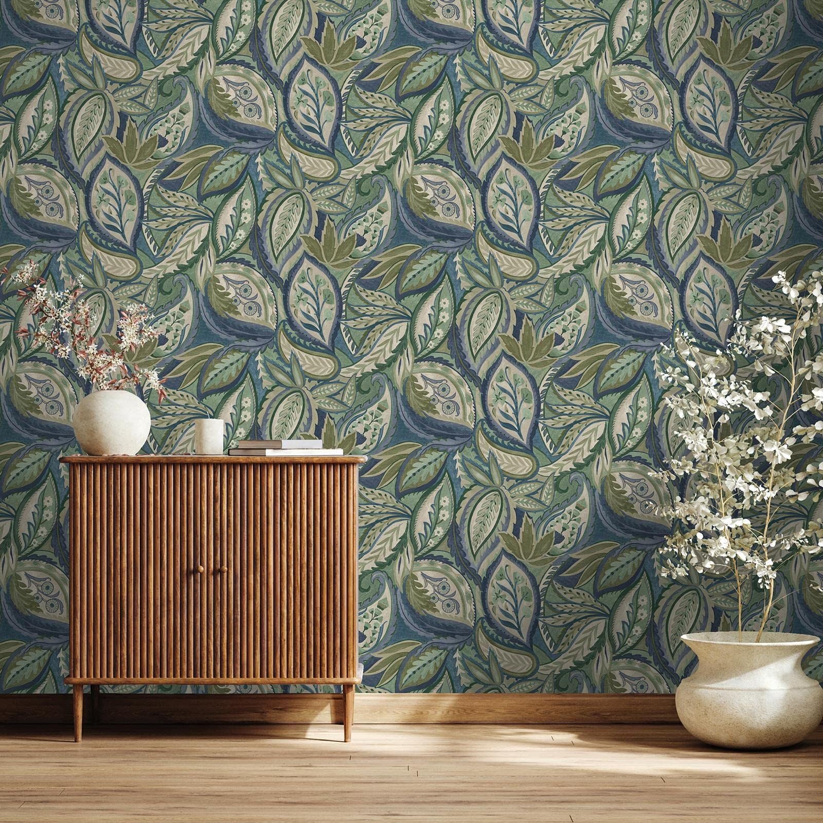 Holden Paisley Leaves Wallpaper - Modern Wallpaper for Living Room, Bedroom, Fireplace - Decorative Luxury Wall Paper with Soft Sweeping Leaves & Paisley-Style Pattern (Green & Blue)