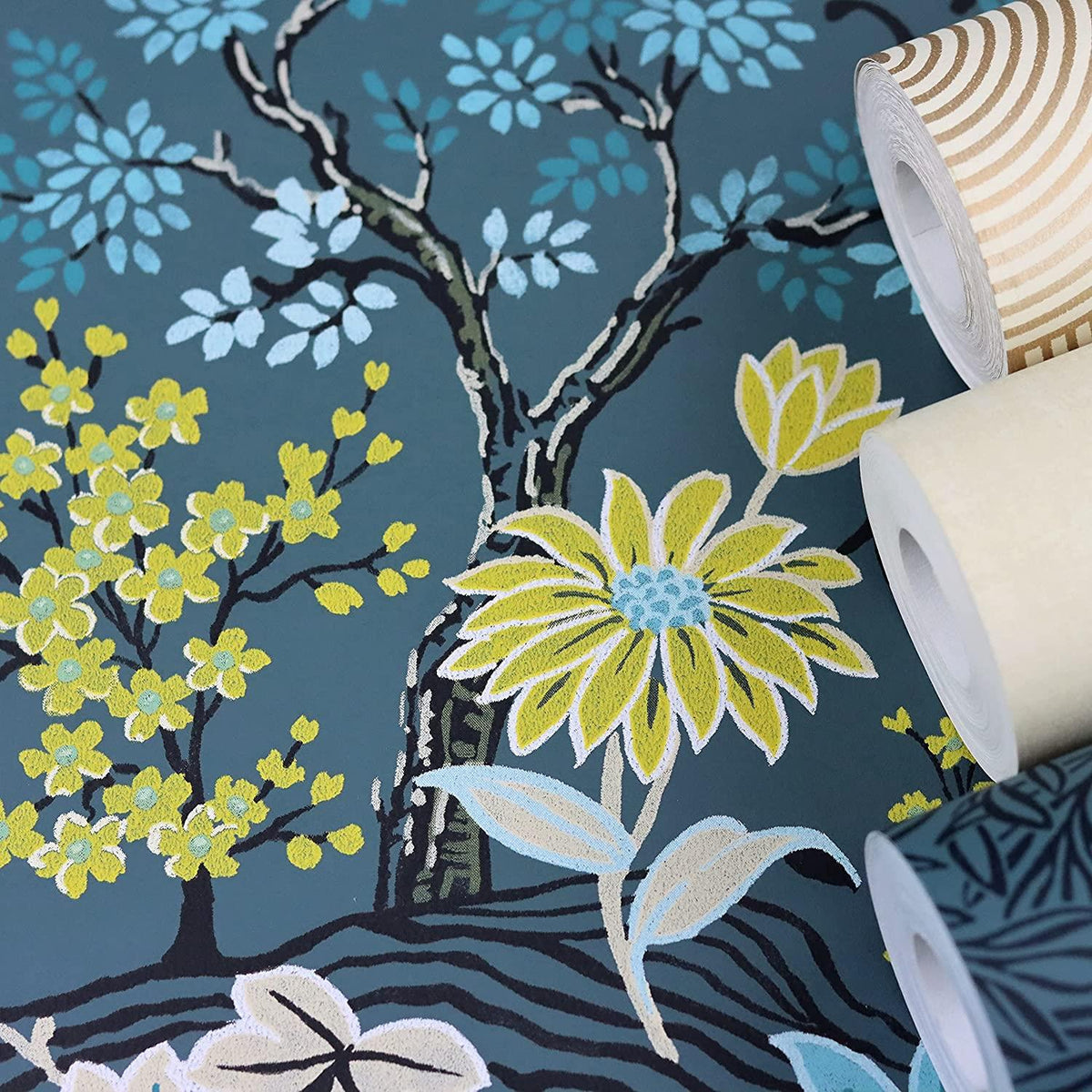 Rasch Wallpaper 553352 - Colourful Non-Woven Wallpaper from The Salisbury Collection with Different Coloured Leaves on Dark Blue Background with Slight Structure - 10.05 m x 53 cm (L x W)