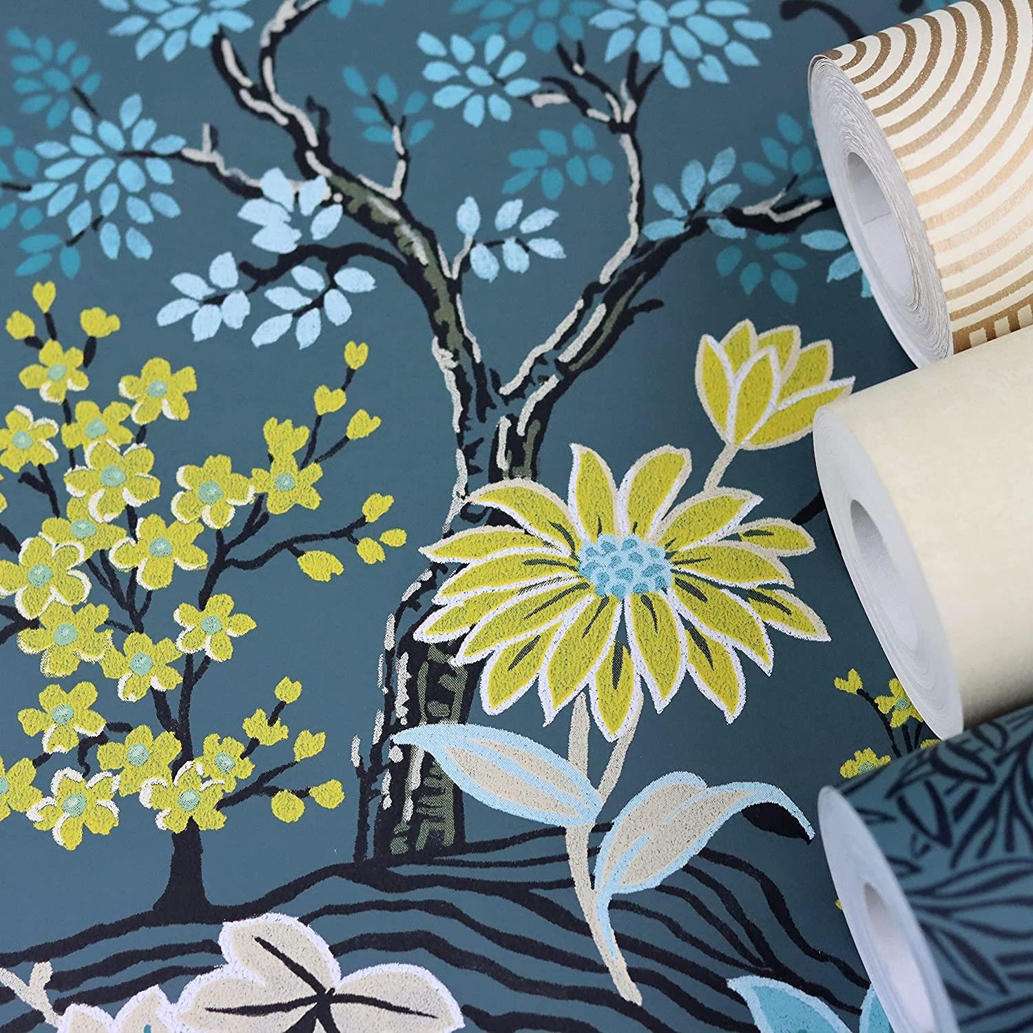 Rasch Wallpaper 553352 - Colourful Non-Woven Wallpaper from The Salisbury Collection with Different Coloured Leaves on Dark Blue Background with Slight Structure - 10.05 m x 53 cm (L x W)