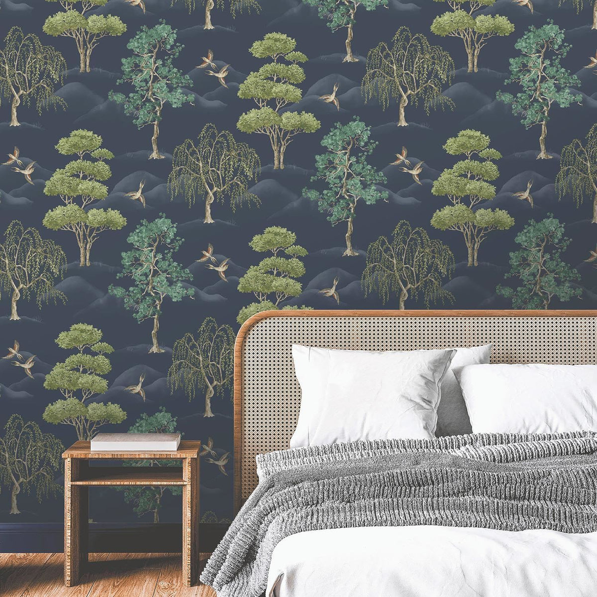 Rasch Maya Willow Woodland Trees Birds Navy Wallpaper - Green Naturistic Floral - Modern Contemporary Feature Wall