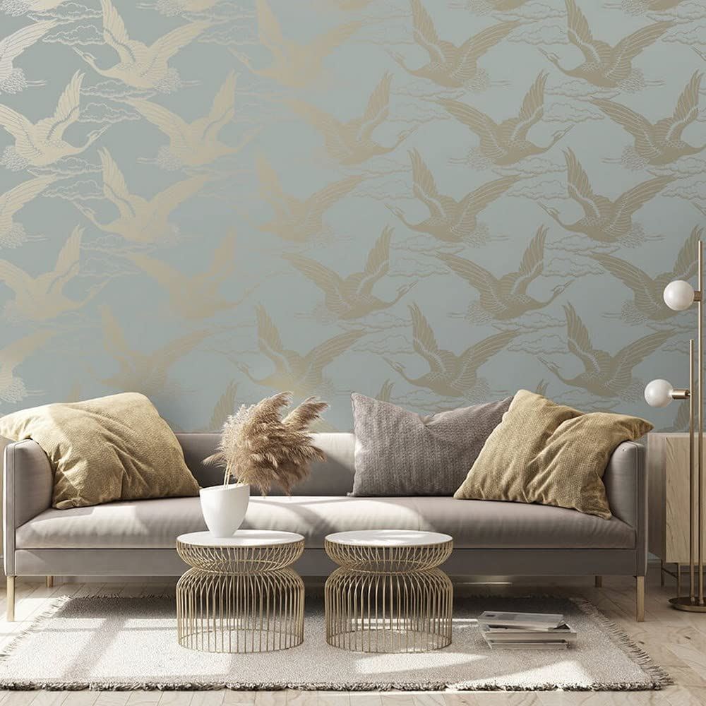 Holden Decor Glistening Cranes Wallpaper - Modern Metallic Wallpaper for Living Room, Bedroom, Fireplace - Decorative Luxury Nature Wall Paper with Cranes (Blue/Gold)