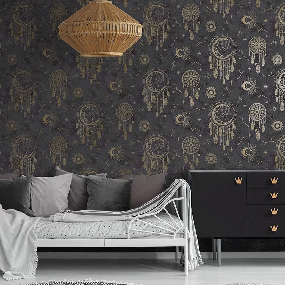 Holden Decor Dreamcatcher Wallpaper - Modern Wallpaper for Bedroom, Nursery & Children’s Playroom - Decorative Luxury Wall Paper with Dreamcatchers, Suns, Stars, Moons & Star Signs (Black & Gold)