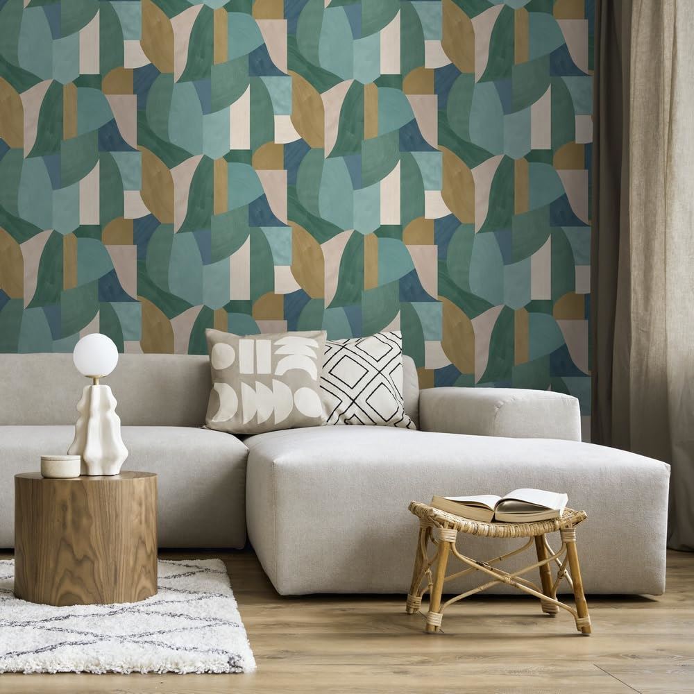 Holden Decor Curved Geo Teal Wallpaper 13471 - Brush Strokes Geometric Shapes