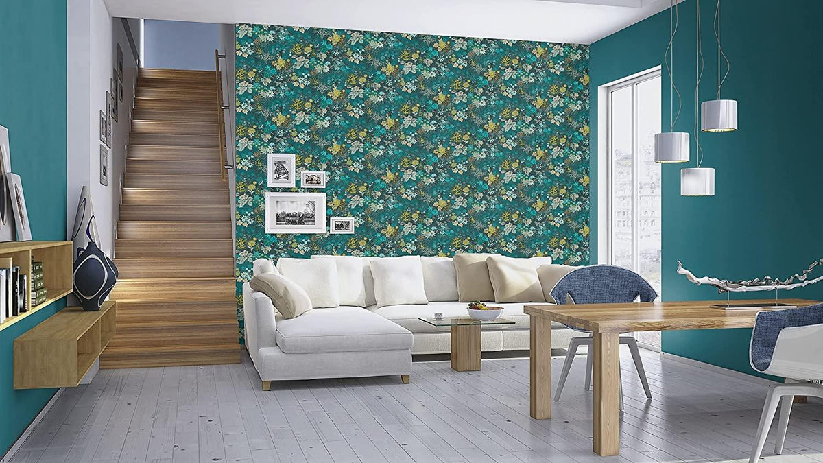 Rasch Wallpaper 553352 - Colourful Non-Woven Wallpaper from The Salisbury Collection with Different Coloured Leaves on Dark Blue Background with Slight Structure - 10.05 m x 53 cm (L x W)