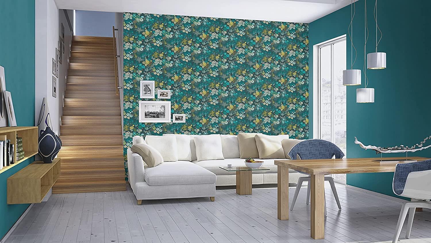 Rasch Wallpaper 553352 - Colourful Non-Woven Wallpaper from The Salisbury Collection with Different Coloured Leaves on Dark Blue Background with Slight Structure - 10.05 m x 53 cm (L x W)