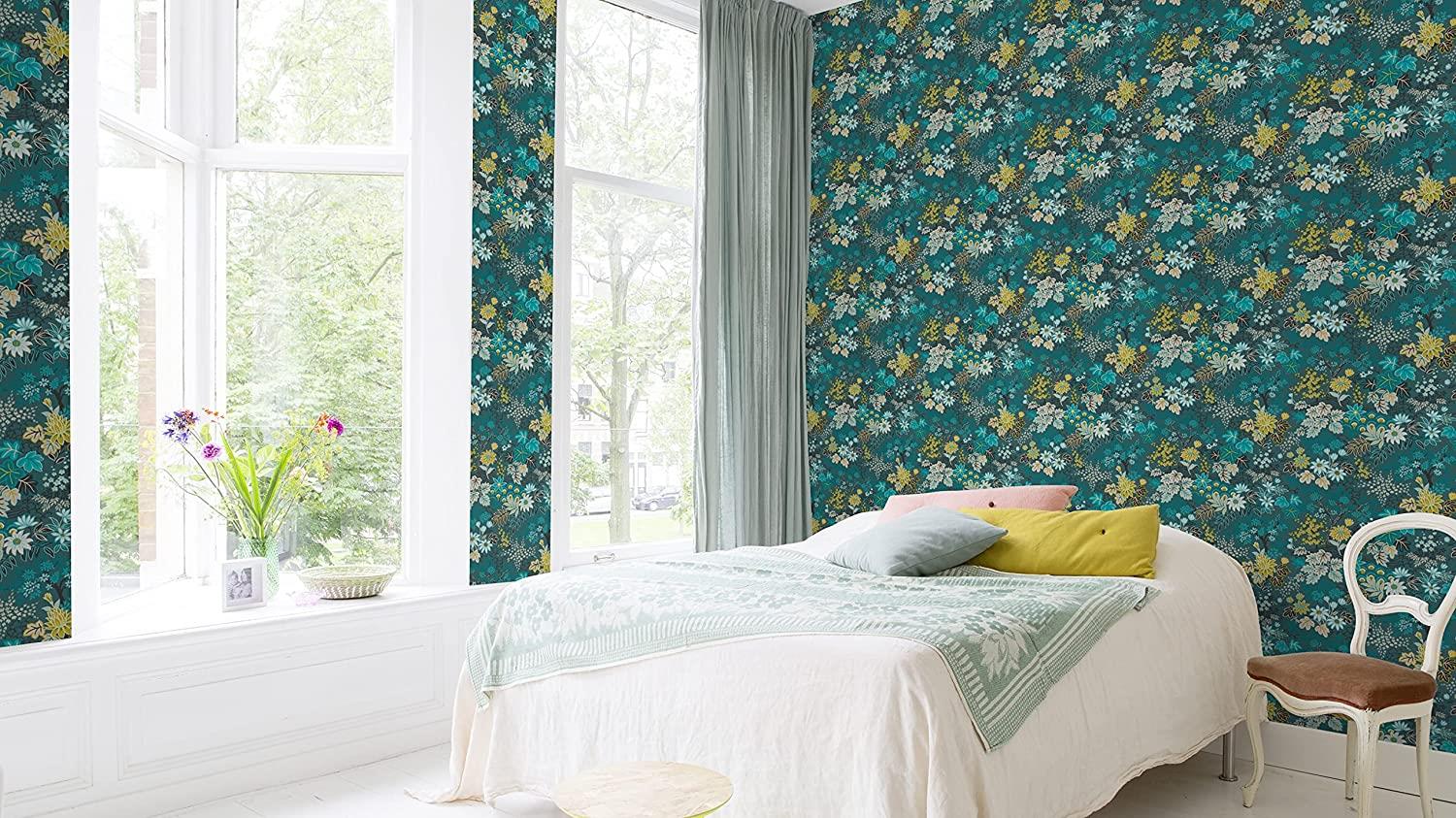 Rasch Wallpaper 553352 - Colourful Non-Woven Wallpaper from The Salisbury Collection with Different Coloured Leaves on Dark Blue Background with Slight Structure - 10.05 m x 53 cm (L x W)