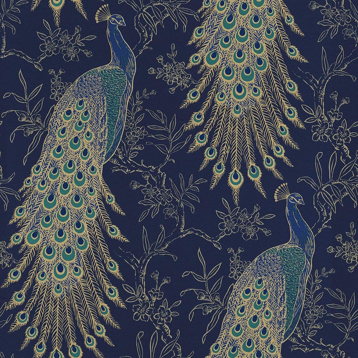 Rasch Portfolio Peacock Wallpaper Navy Blue Gold Metallic Exotic Bird Feathers Lusury Feature Wall 10m Roll 215700