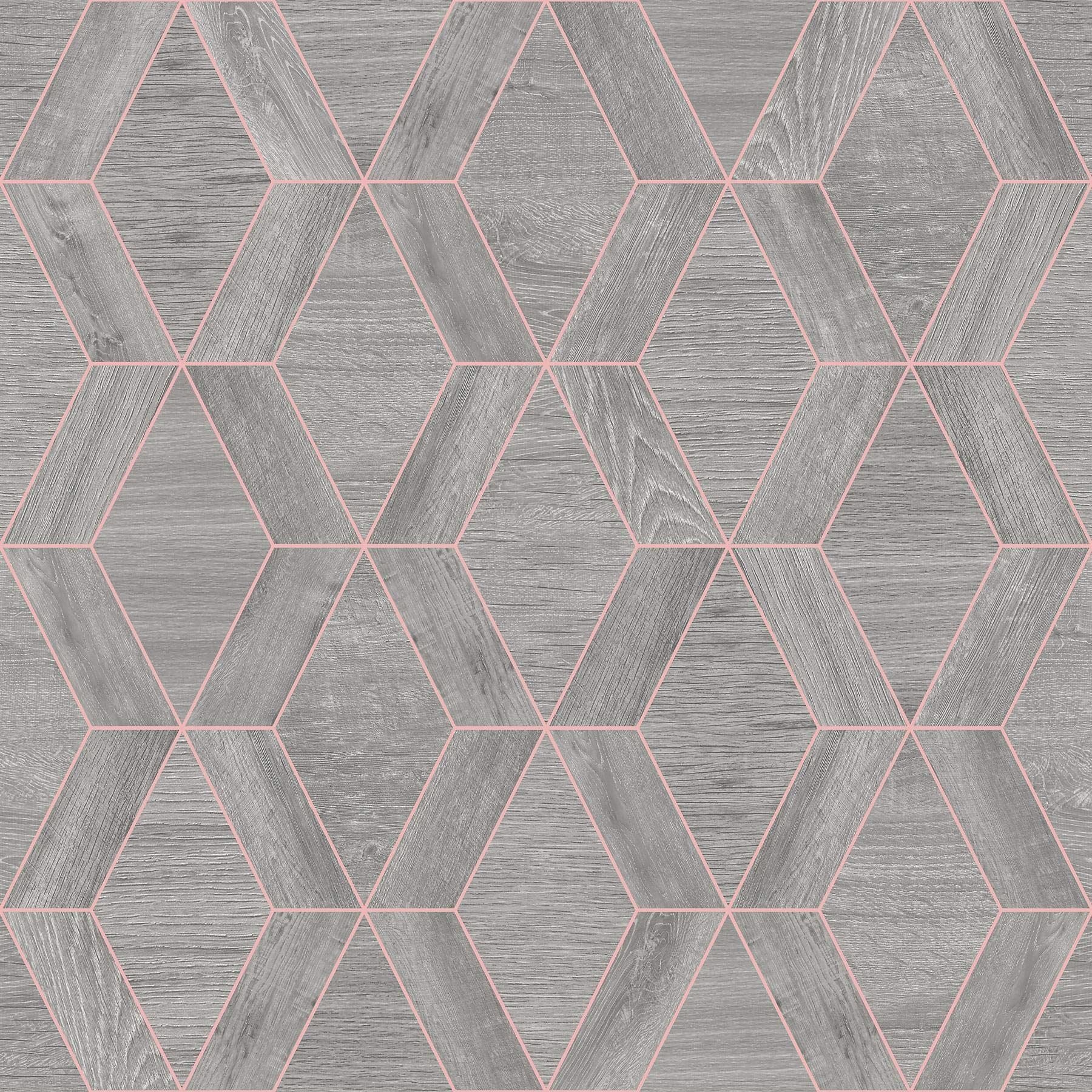 Rasch Geometric Grey Wood Effect Wallpaper Metallic Copper Modern