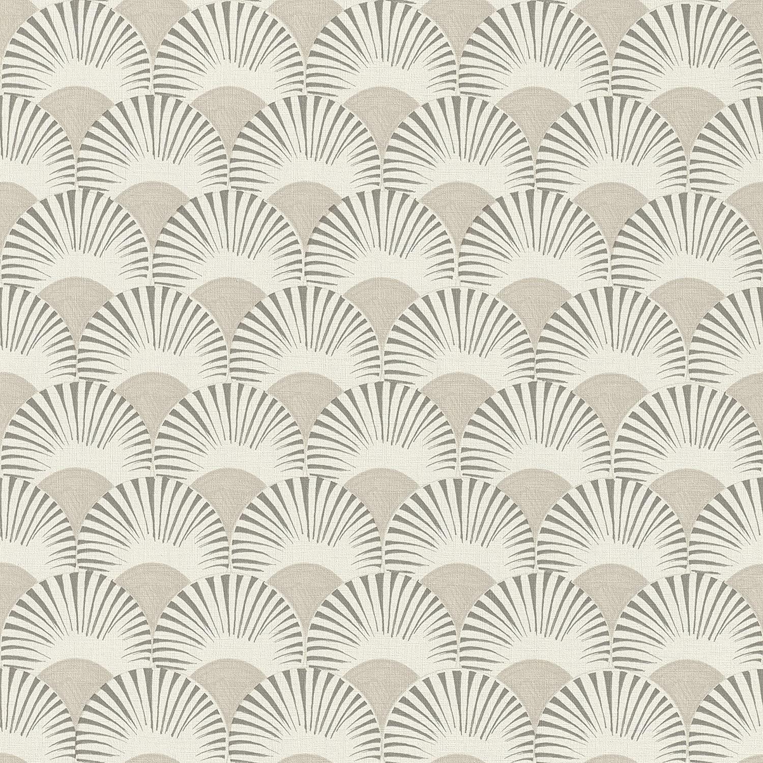 Rasch Studio Onszelf Geometric Fan Motif Beige Non-Woven Wallpaper 539301 with Graphic Fan Pattern in White and Grey with Light Structure