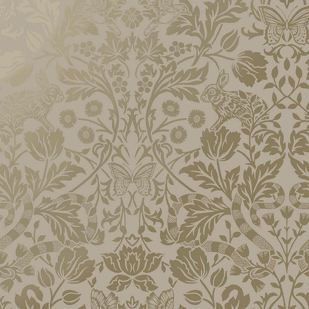 Glistening Mirrored Floral Wallpaper - Modern Metallic Wallpaper for Living Room, Bedroom, Fireplace - Decorative Luxury Floral Wall Paper with Rabbits, Butterflies, Snakes & Birds (Neutral/Gold)