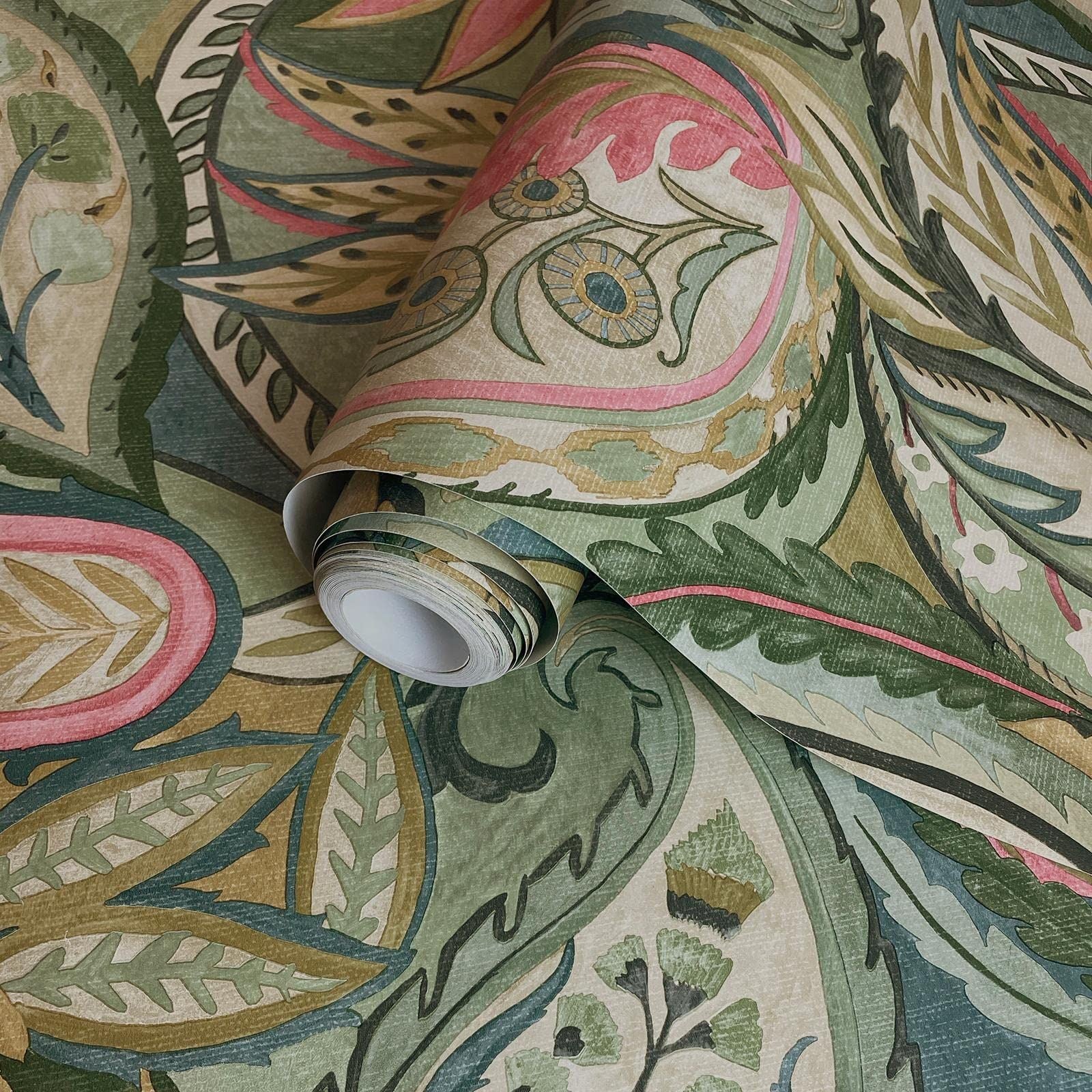 Holden Paisley Leaves Wallpaper - Modern Wallpaper for Living Room, Bedroom, Fireplace - Decorative Luxury Wall Paper with Soft Sweeping Leaves & Paisley-Style Pattern (Green, Pink, Yellow & Blue)