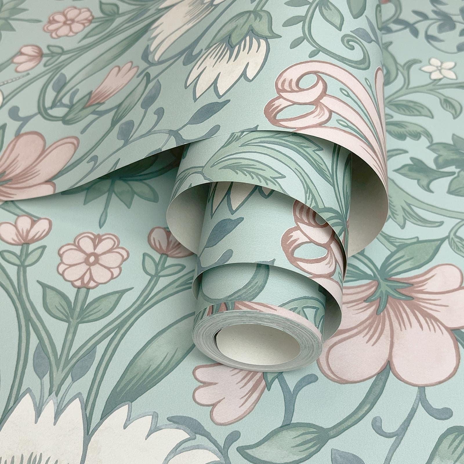 Holden Vintage Floral Wallpaper Flowers Leaves Soft Teal Green/Pink 13390