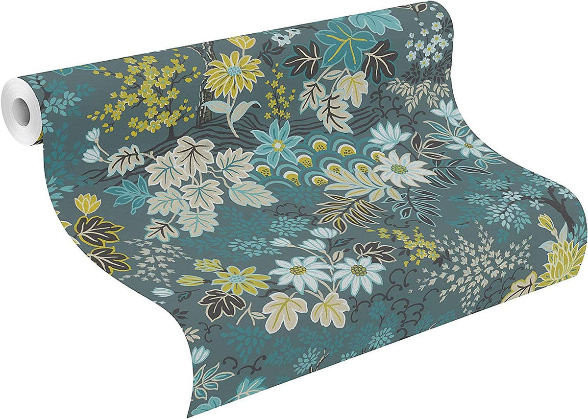 Rasch Wallpaper 553352 - Colourful Non-Woven Wallpaper from The Salisbury Collection with Different Coloured Leaves on Dark Blue Background with Slight Structure - 10.05 m x 53 cm (L x W)