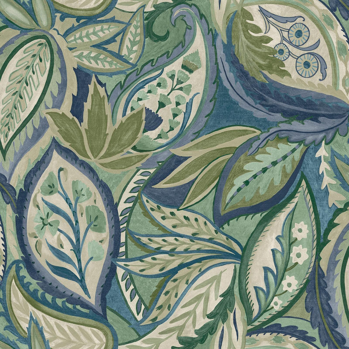 Holden Paisley Leaves Wallpaper - Modern Wallpaper for Living Room, Bedroom, Fireplace - Decorative Luxury Wall Paper with Soft Sweeping Leaves &amp; Paisley-Style Pattern (Green &amp; Blue)