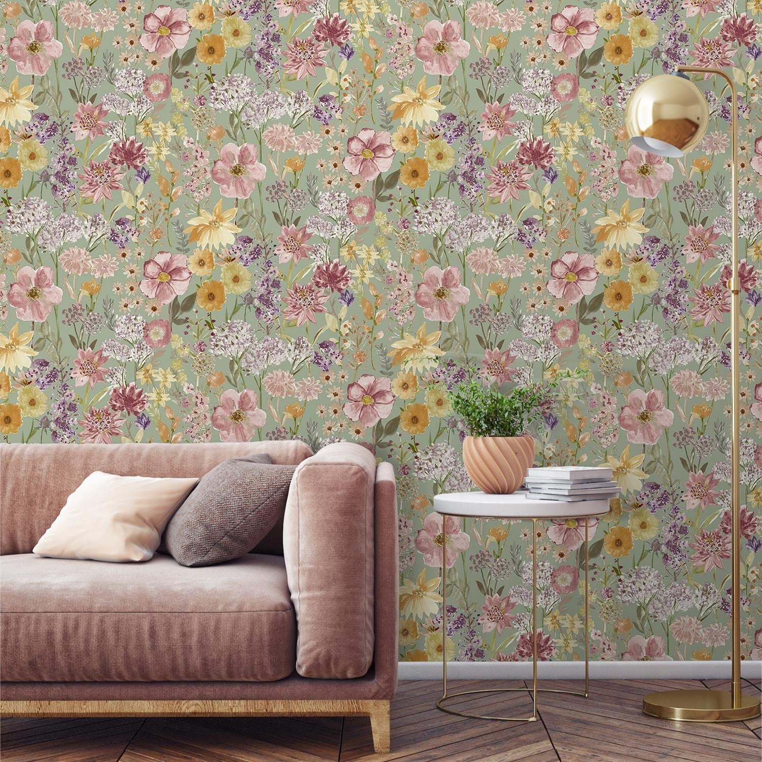 Wildflower Sage Floral Wallpaper Pink Green Yellow Natural Flower