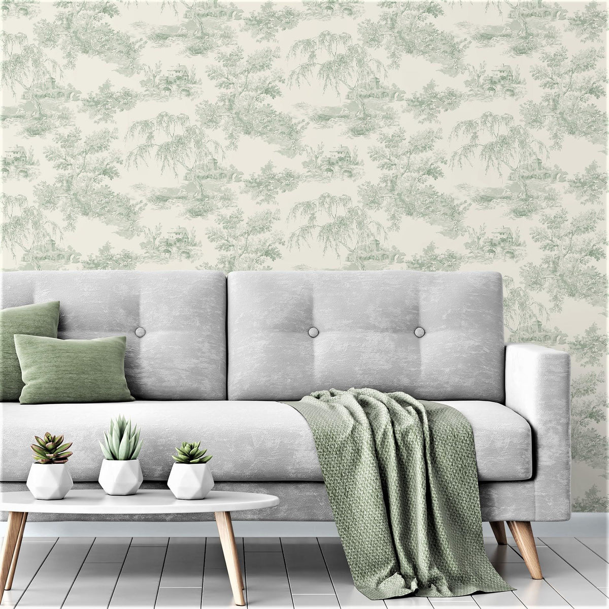 Grandeco French Vintage Toile Trees Smooth Wallpaper, Green