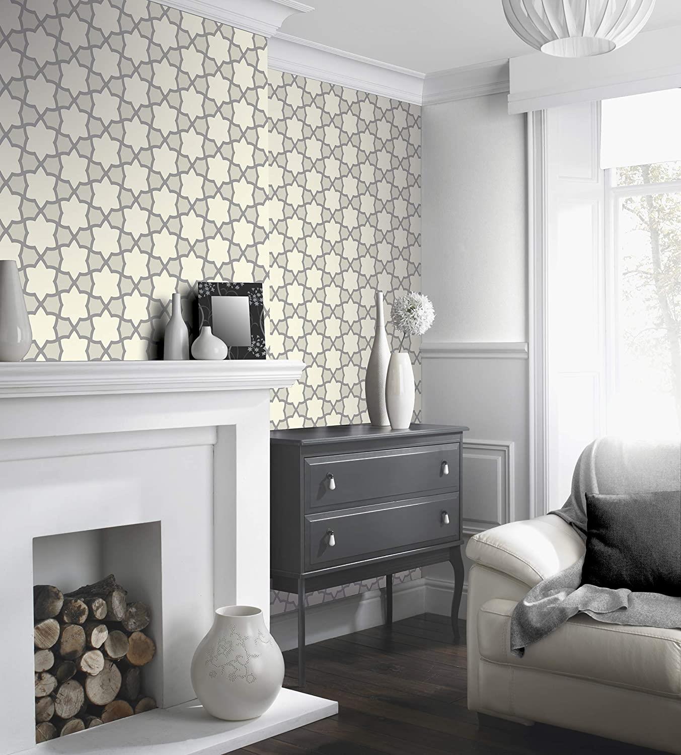 Arthouse Rio Silver Metallic Finish Wallpaper - Interlocking Star Lattice Motif - Enhanced with Raised Glitter - 690701