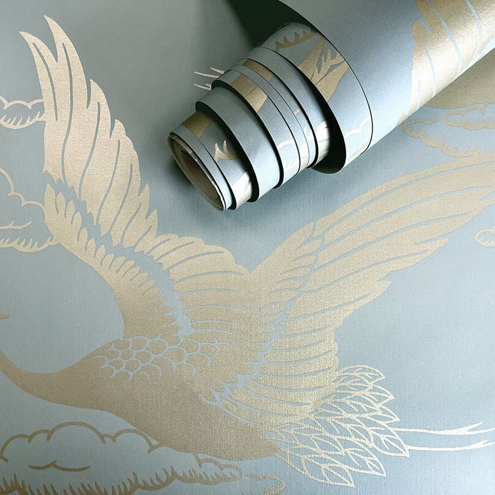 Holden Decor Glistening Cranes Wallpaper - Modern Metallic Wallpaper for Living Room, Bedroom, Fireplace - Decorative Luxury Nature Wall Paper with Cranes (Blue/Gold)