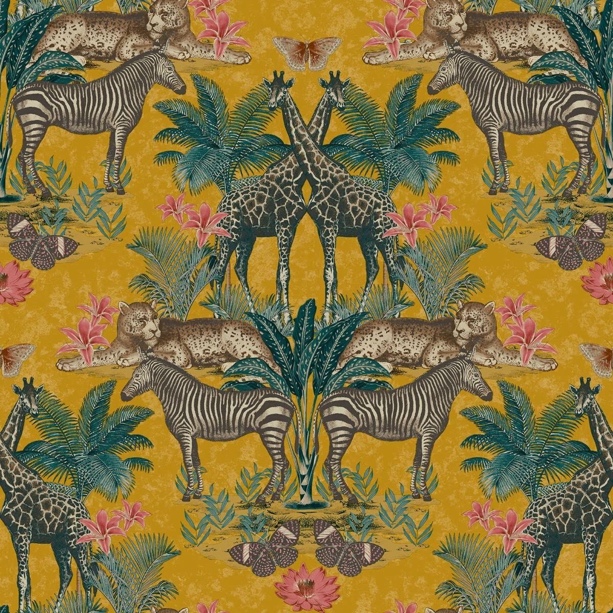 Grandeco Life Animal Kingdom Ochre Wallpaper A49301 - Tropical Zebra Leopard