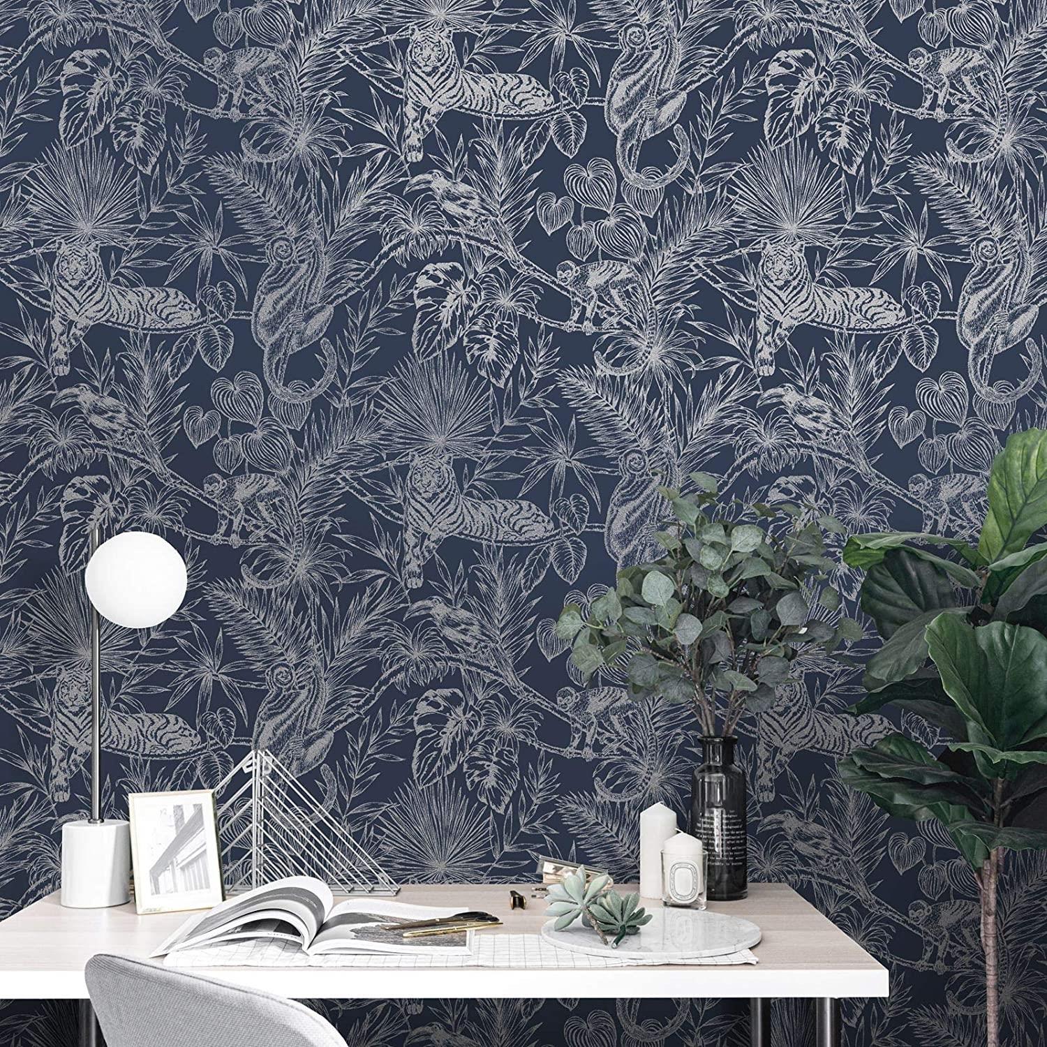 Holden Decor Sumatran Navy Silver Wallpaper 65760 - Metallic Tropical Palm Tiger