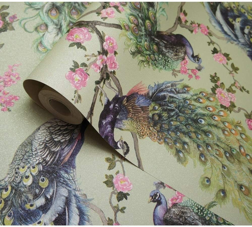Holden Decor Menali Green Wallpaper 35921 - Vinyl Glitter Peacock Feather Floral