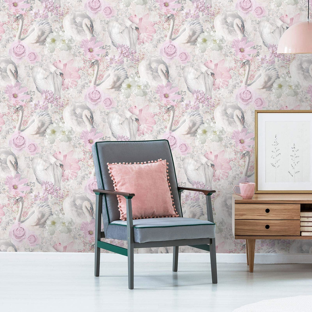 Holden Decor Fantasia Glitter Swans Pink Wallpaper 90700 - Floral Cygnets Birds