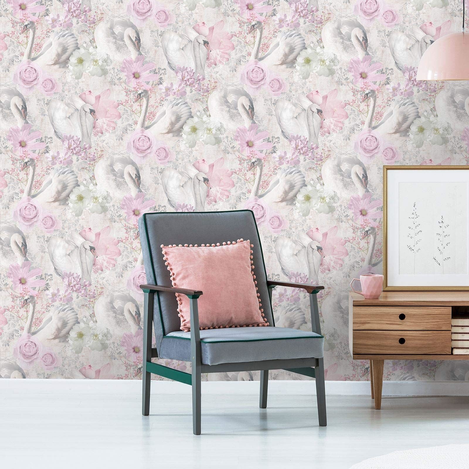 Holden Decor Fantasia Glitter Swans Pink Wallpaper 90700 - Floral Cygnets Birds